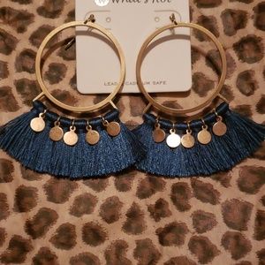 Dark Teal Tassel & Gold Charm Circle Boho Earrings
